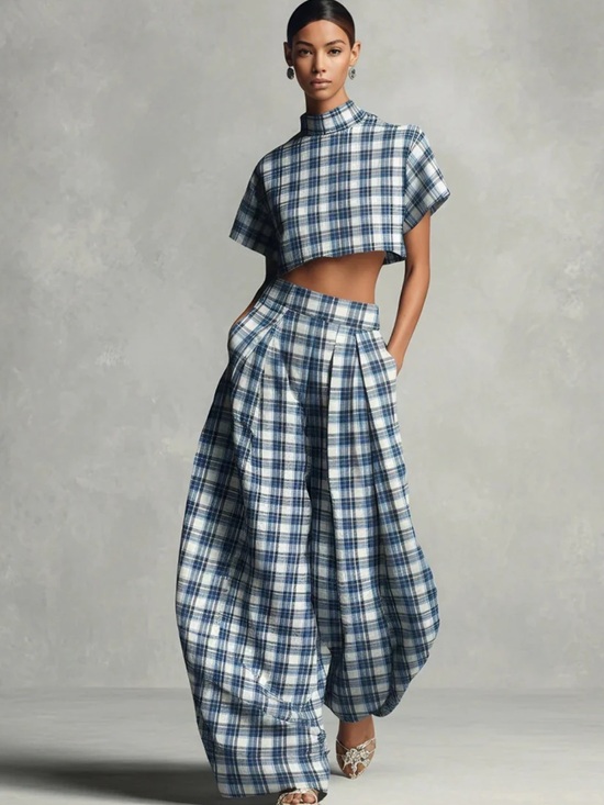 Miss Rosier Pants - Plaid Wide-Leg High-Waist Pants in Blue and White